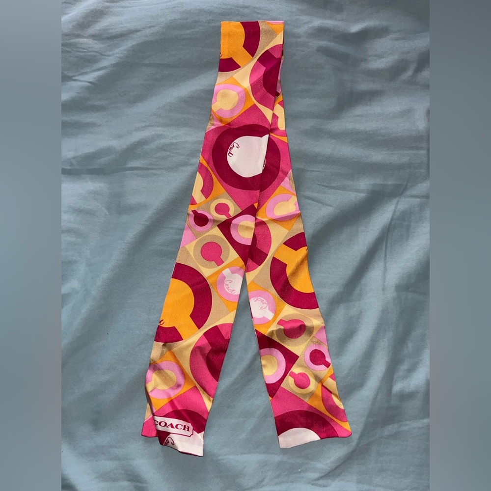 Coach Pink and Yellow Patterned Multicolor Silk Scarf Twilly